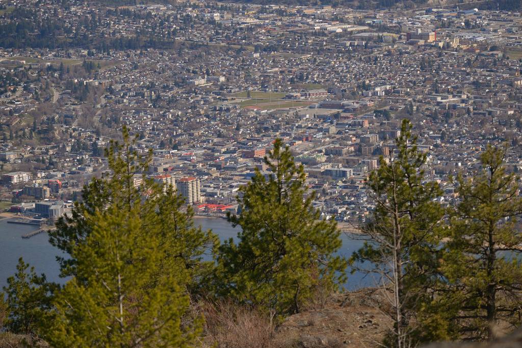 Downtown Penticton is seen in this 2020 photo from atop a mountain outside town. (Western News/File)
