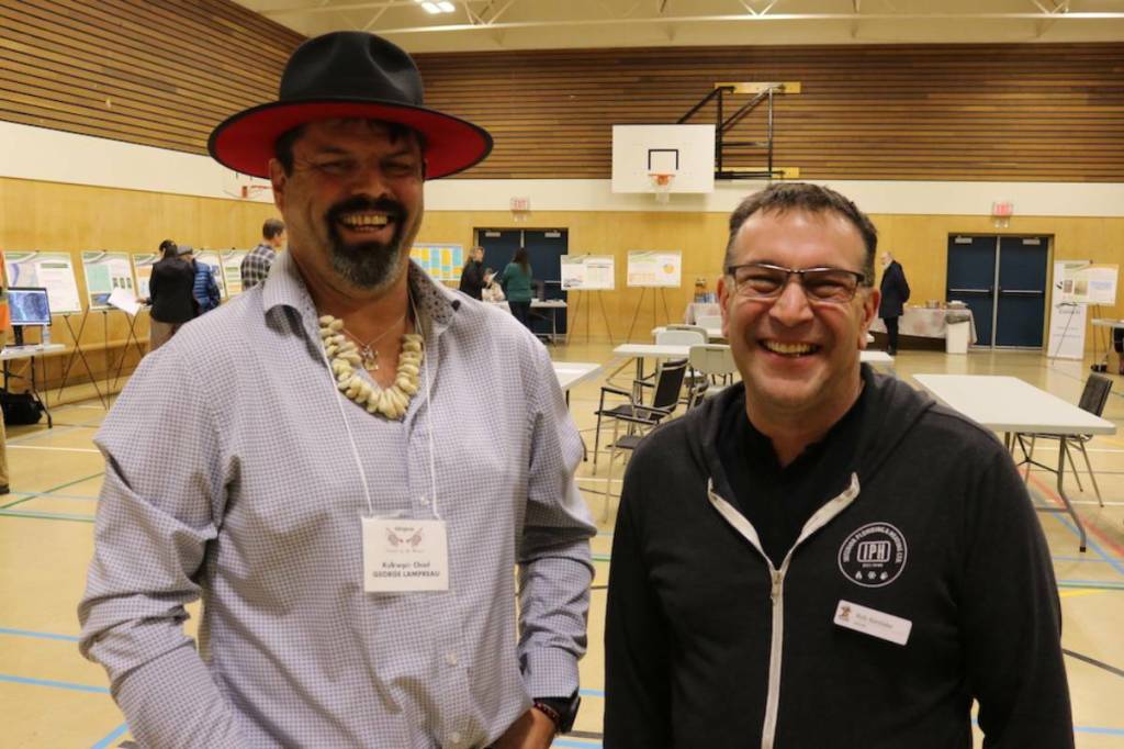 Simpcw Kúkpi7 (Chief) George Lampreau, left, and District of Barriere Mayor Rob Kerslake, right, at a community open house held in Barriere on Jan. 27, 2026. (Josh Fischlin/Barriere Star/Journal)