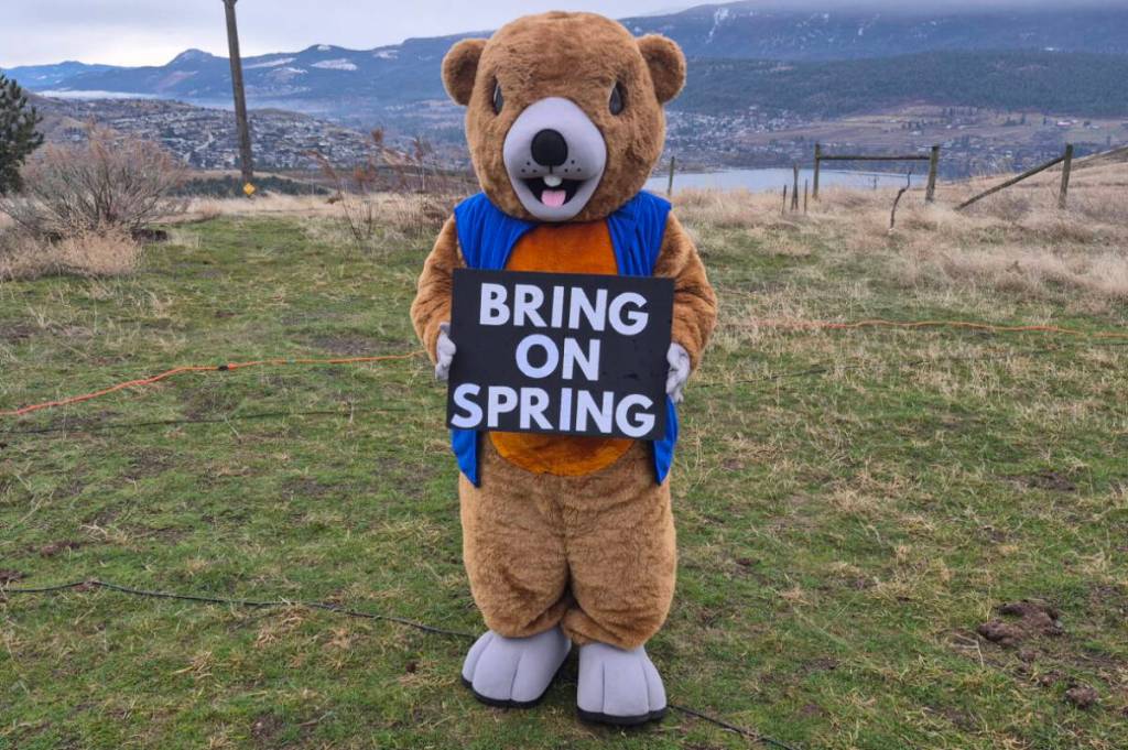 Allan Brooks Nature Centre&rsquo;s official mascot, Okanagan Okie, delivered a positive message after not seeing its shadow on Monday, Feb. 2, at the centre. (Roger Knox - Morning Star)