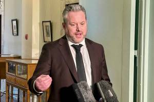 Interim B.C. Conservative Leader Trevor Halford attempting to explain what it means to vote for a bill on first reading. (Mark Page/Black Press Media)